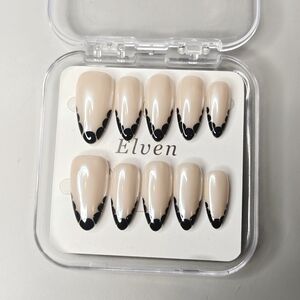 Pearl White Mirror Powder Black French Tips Handmade Almond Press On Nails